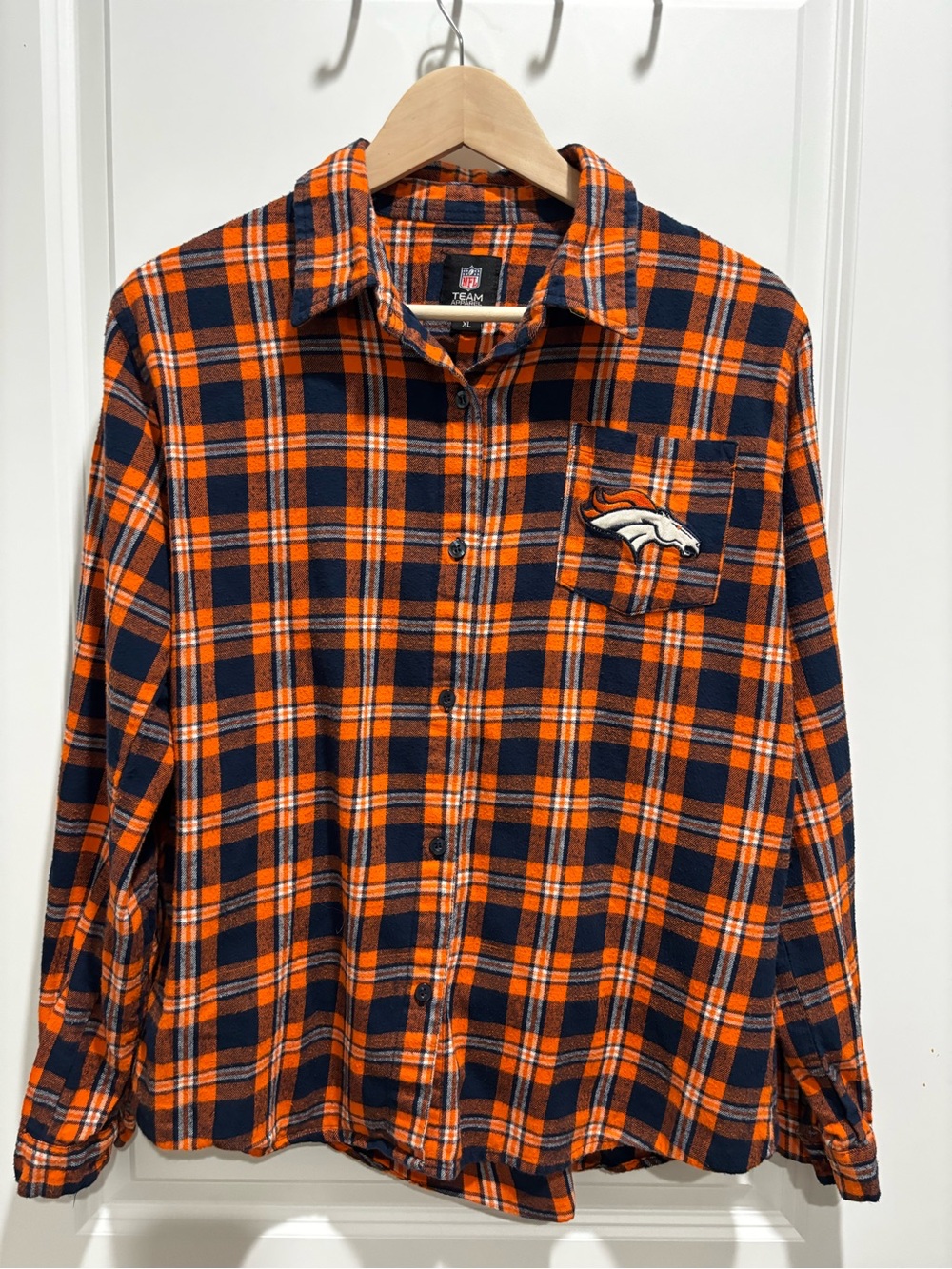 NFL Orange and Navy Plaid Button-Down Flannel with Broncos Patch